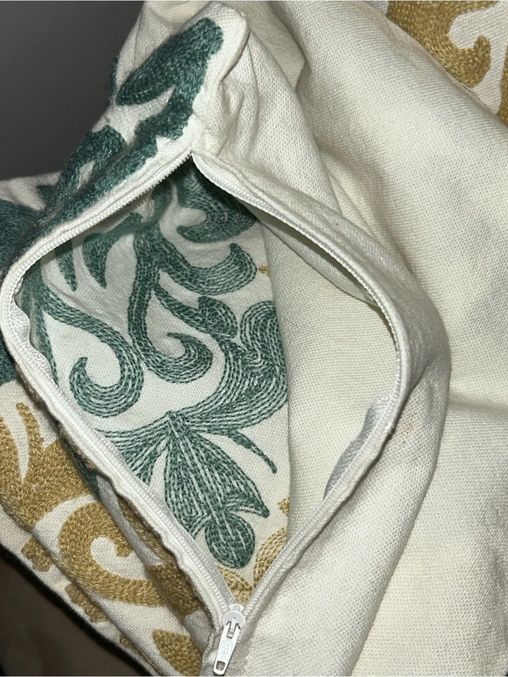GREEN GOLD OFF WHITE Damask Embroidered Cotton Canvas Pillow Covers Zipper (4)